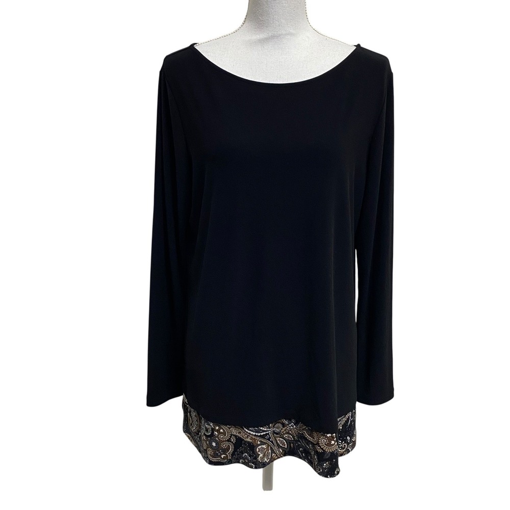 Susan Graver Liquid Knit Tunic Top Womens M Black Paisley Trim Long Sleeve Drape